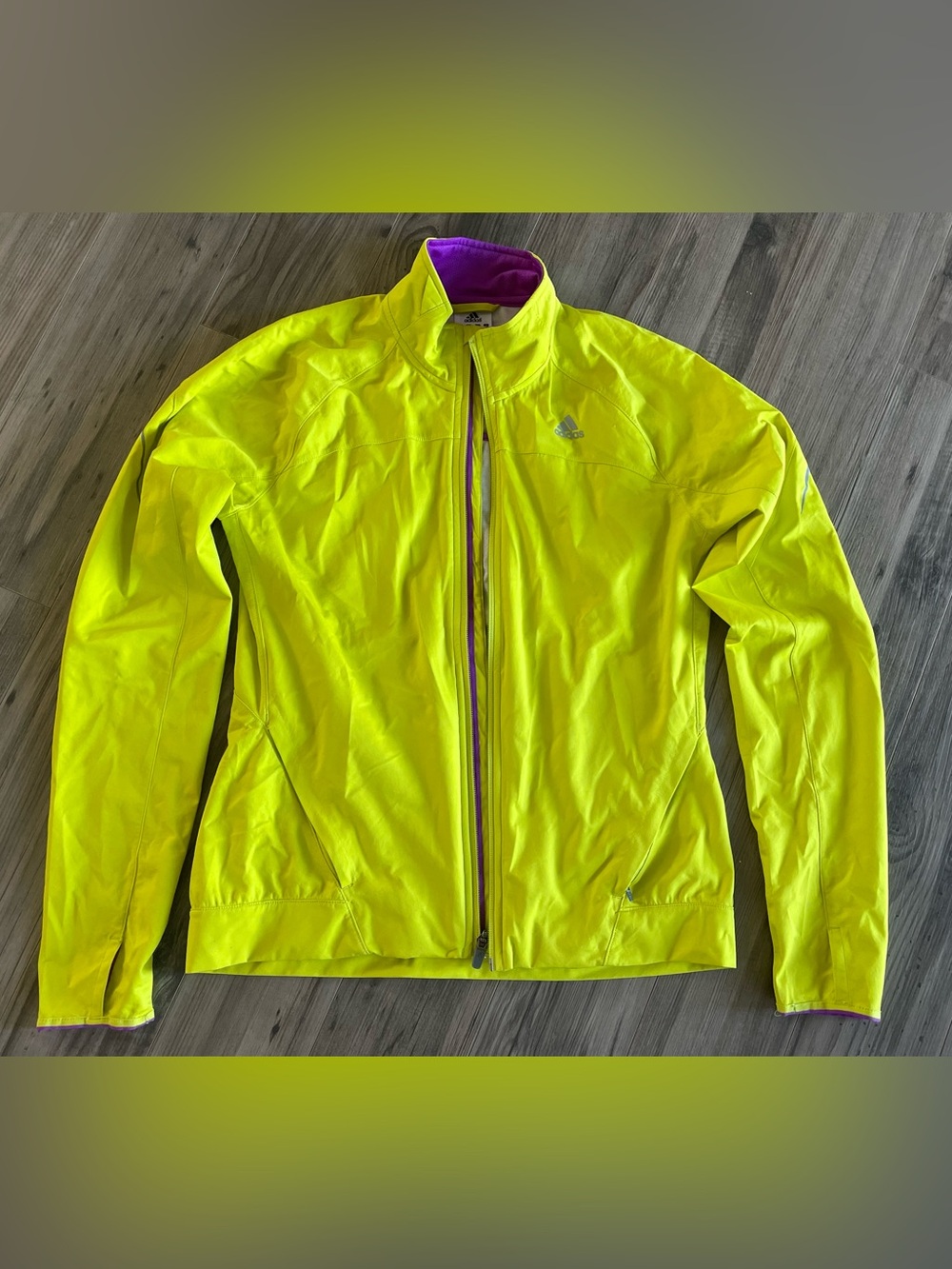 adidas Women's Neon Yellow high visibility Jacket with Purple Trim - Small